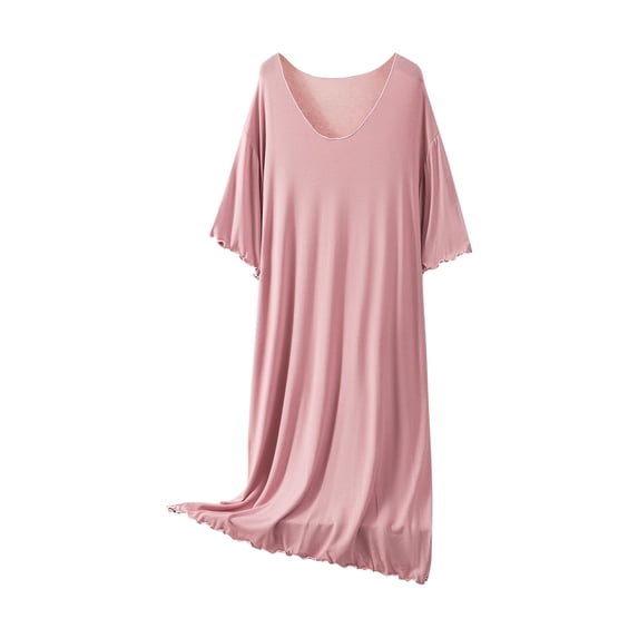 Women's Cotton Nightgowns Loose Solid Color Summer Short Ruffled Sleeves Crew Neck Cozy Elastic Casual Sleep Dress for Daliy House