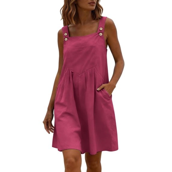 Women's Cotton Overall Dress Cute Sleeveless Sundress Rompers with Pockets Short Overalls Summer Outfits Hot Pink