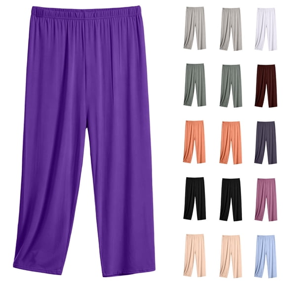 Women's Cotton Pajama Capris Plus Size Elastic Waist Soft Lounge Summer Pjs Bottoms Capri Pants Sleepwear (3XL, Purple)