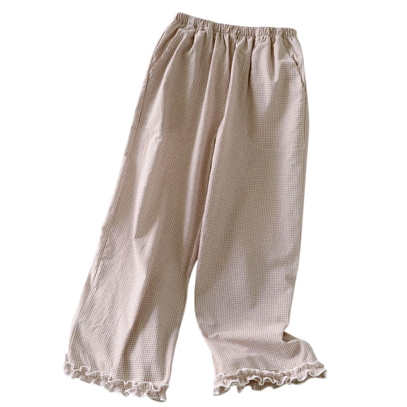 Women's Cotton Pajama Pants Elastic Waist Ruffled Hem Y2k Plaid Print Loose Fit Trouser Lounge Pants (XL, Khaki)