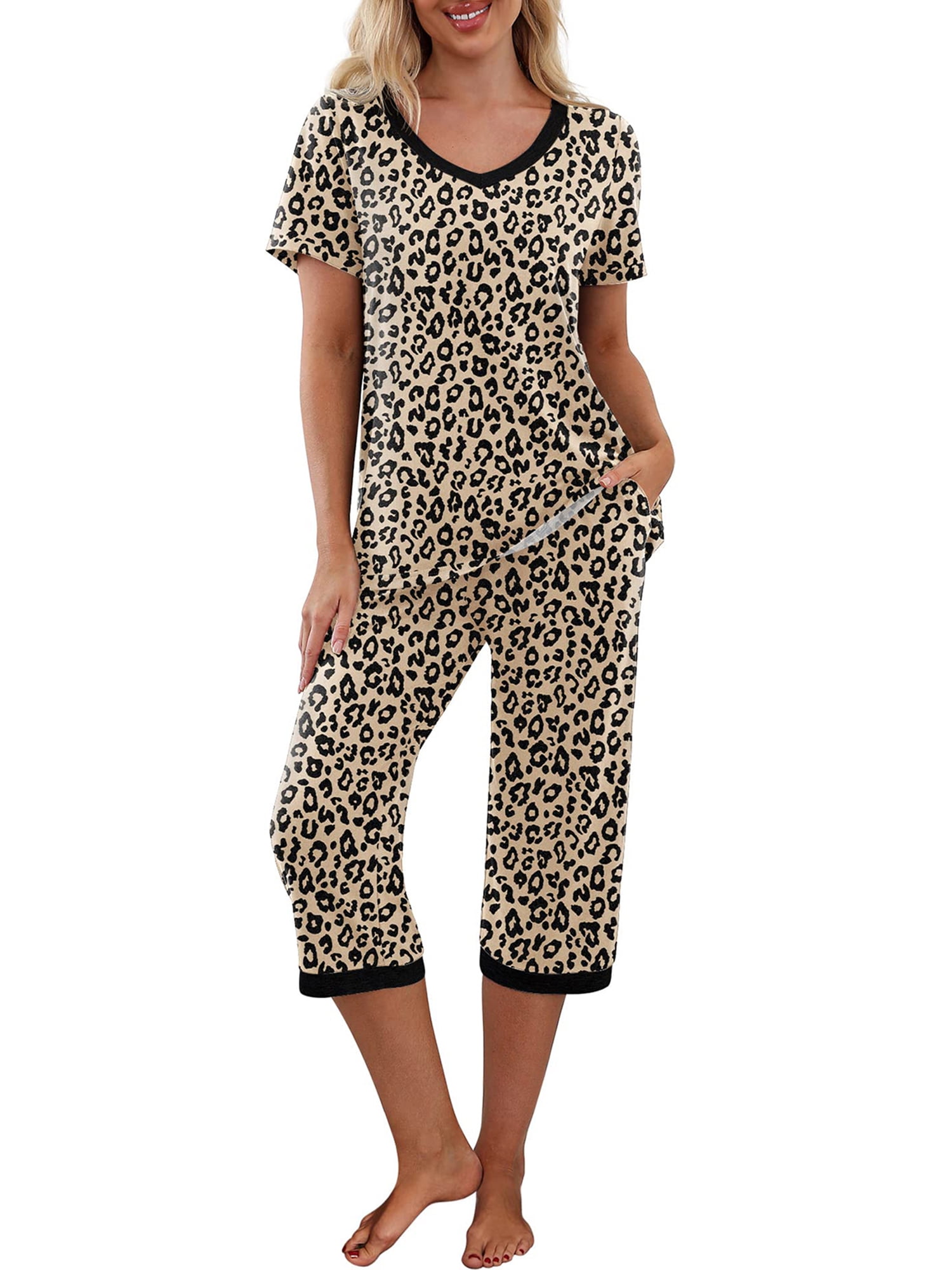 Women's Cotton Pajamas Pjs Set Short Sleeve Sleepwear Tops with Capri ...