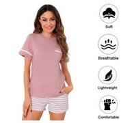 DEJI Women's Cotton Pajamas Set Round Neck Short Sleeve and Shorts Pajama Set for Women 2 Pieces Summer Short Sleepwear Sets Soft Loungewear Set for Women, S-XXL