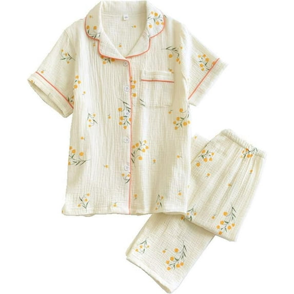 Women's Cotton Pajamas Set Short Sleeve Sleepwear Button-Down Nightwear Long Pants Pj Lounge Sets Pajamas