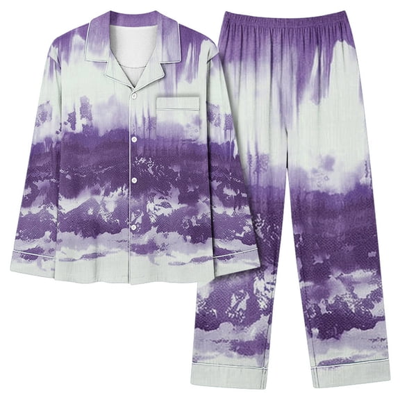 Women's Cotton Pajamas Sets Long Sleeve Sleepwear Button Down Loungewear Fall Lapel Flower Print Pjs 2 Piece Suits (Purple S)
