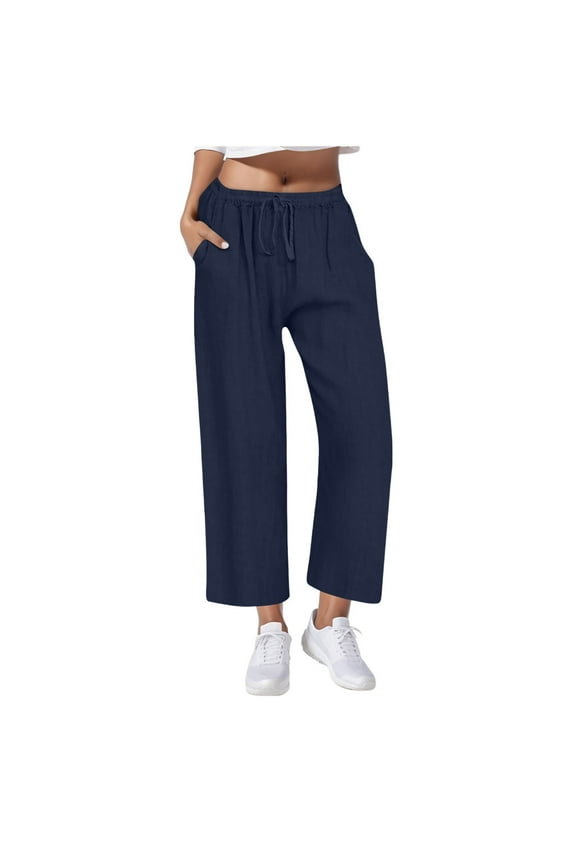 Women's Cotton Pants Summer Casual Wide Leg Elastic Waist Loose Lightweight Linen Beach Pants High Waist Drawstring Pant Trouser with Pants