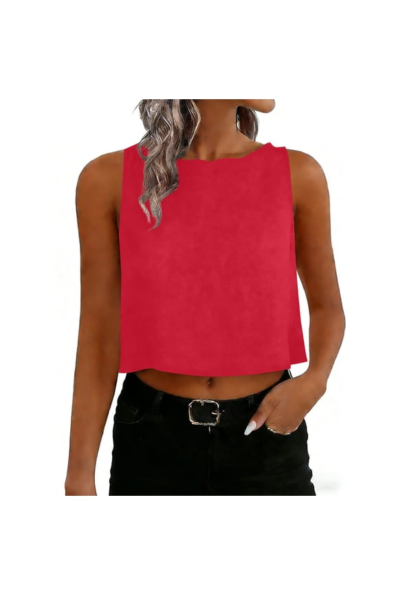 Women's Cotton Plain Crop Tops Summer Reversible Button Up Crew Neck Tank Top Loose Fit Trendy Sleeveless Going Out Tops Red