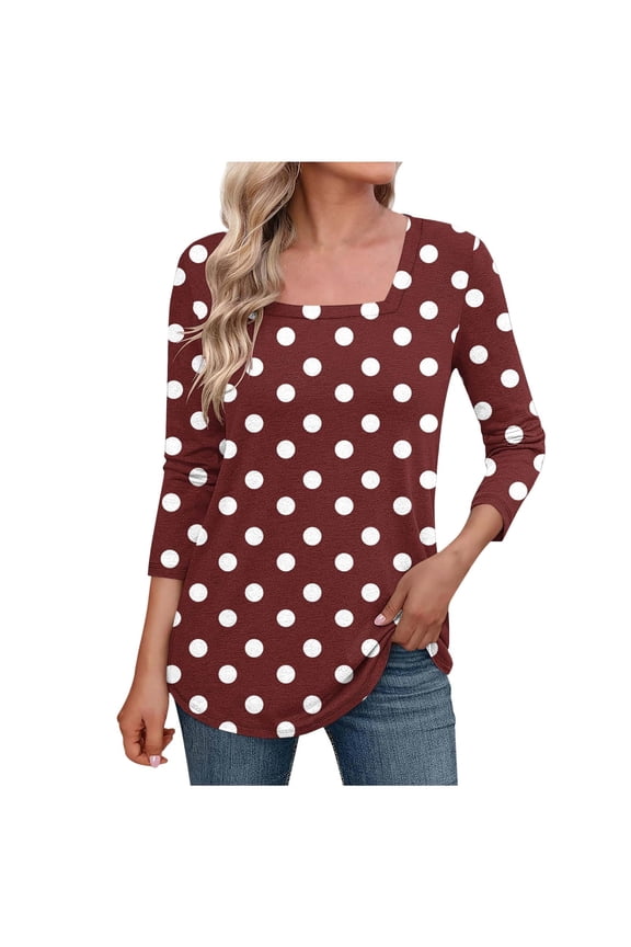 Women's Cotton Polka Dot Top Square Neck 3/4 Sleeve Blouse High Elastic Summer Shirt Trendy Vacation Stretch Tee