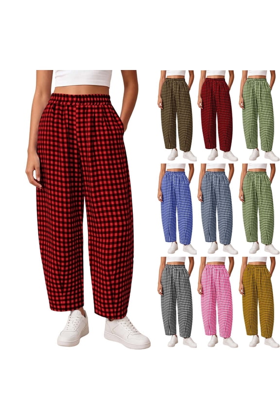 Women's Cotton Polyester Elastic Waist Pants with Pockets, Mid Waisted Straight Leg Pants, Full Length Casual Loose Fit Trousers, Business Casual Lounge Capri Pants for Women