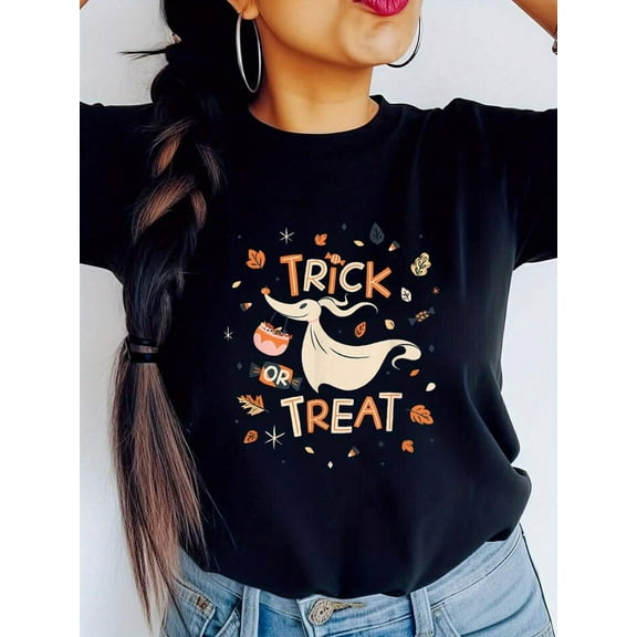 Women's Cotton Printed T-Shirt With Halloween Nightmares Before Christmas Zero Design