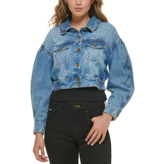 Women's Cotton Puff-Sleeve Cropped Denim Jacket Dark Wash XL