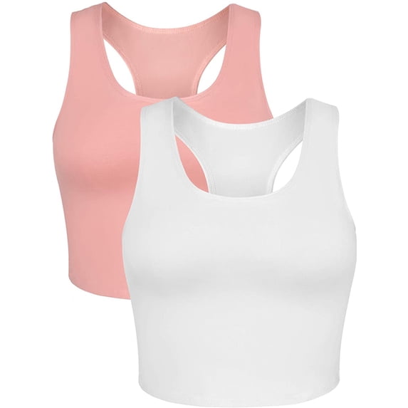 Women's Cotton Racer Back Tank Tops Cropped Athletic Cami Tanks With Shelf Bra, 2-Packs