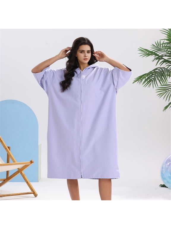 Women's Cotton Robe Lightweight Sleeve Zip Front Robes Soft Knee Length Bathrobe Housecoat Surfing Speed Drying Bathrobe Cloak