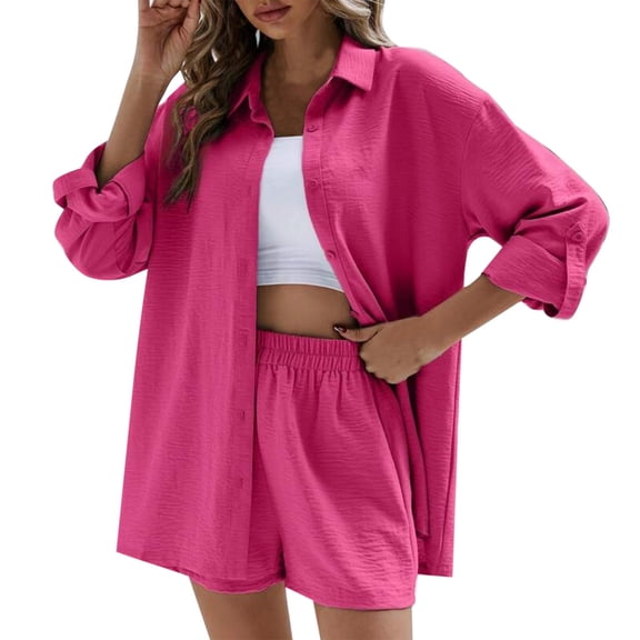 Women's Cotton Set Casual Tracksuit Button Down Short Sleeve Shirt Drawstring Shorts Pockets 2 Piece Set