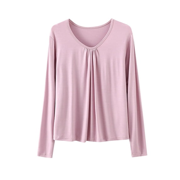 Women's Cotton Shirts Round Neck Solid Color Base Shirt Casual Thin Loose Blouses with Inner Long Sleeved Pullover Top Pink XXL