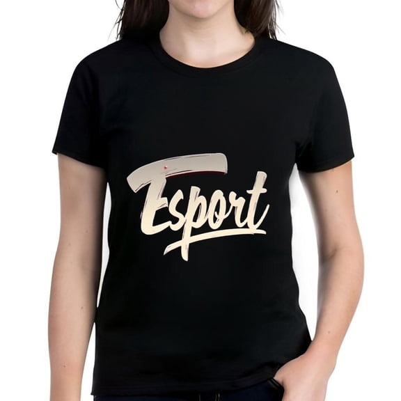 Women's Cotton Short Sleeve T-Shirt - Black with Bold White Cursive ' Esport ' Design Round Neckline Casual Style