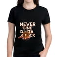 thumbnail image 1 of Women's Cotton Short Sleeve T-Shirt - Bold " NEVER CINE ACHT " Design with Hand Holding Golden Coin & Keyhole Symbol - Perfect for Digital Asset Enthusiasts, 1 of 6