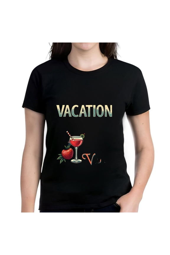 Women's Cotton Short Sleeve T-Shirt - Bold ' VACATION ' Graphic with Strawberry Drink & Garnish Design