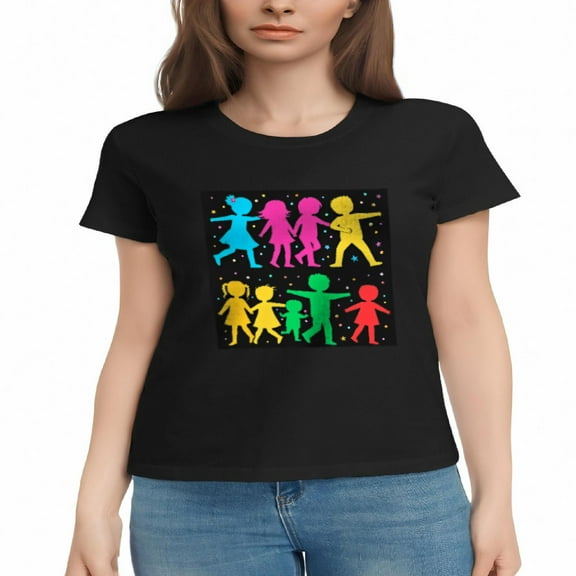 Women's Cotton Short Sleeve T-Shirt - Colorful Stick Figures Holding Hands Graphic Design on Black Background Symbolizing