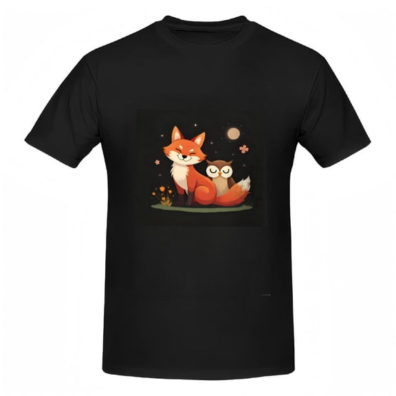 Women's Cotton Short Sleeve T-Shirt - Cozy Night Scene with Fox and Owl Design Floral Accents Perfect for Casual Wear
