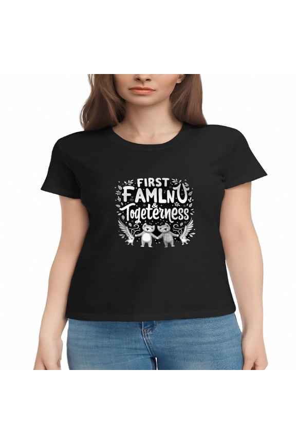 Women's Cotton Short Sleeve T-Shirt - Cute Bears Holding Hands with Floral Design ' First Family Togetherness ' Graphic Tee
