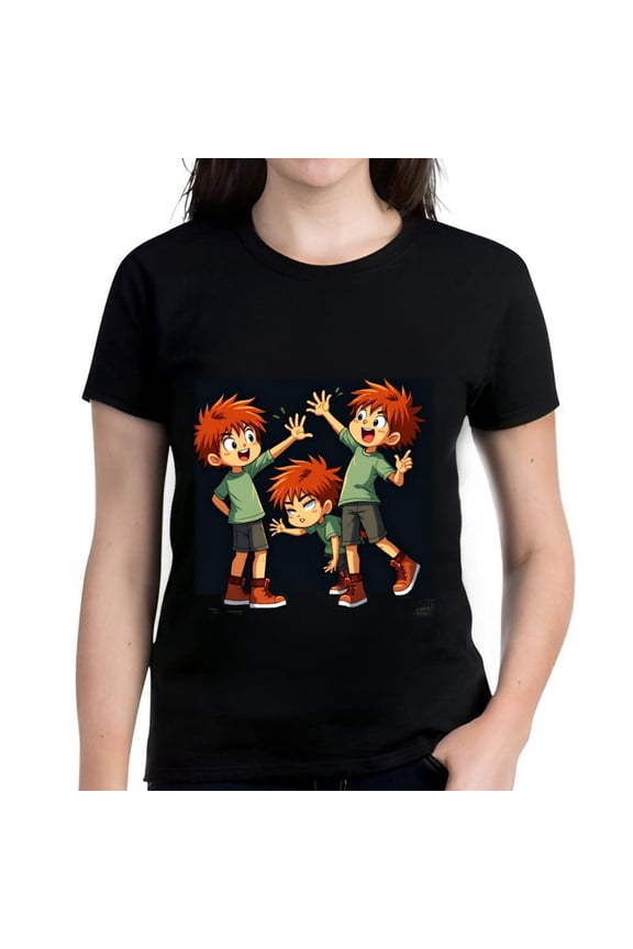Women's Cotton Short Sleeve T-Shirt Featuring Vibrant Cartoon Character with Spiky Orange Hair in Fun Poses - Perfect for Casual Wear