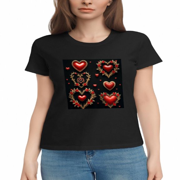 Women's Cotton Short Sleeve T-Shirt - Festive Black Tee with Red & Gold Heart Design Romantic Pattern Cute & Stylish Top