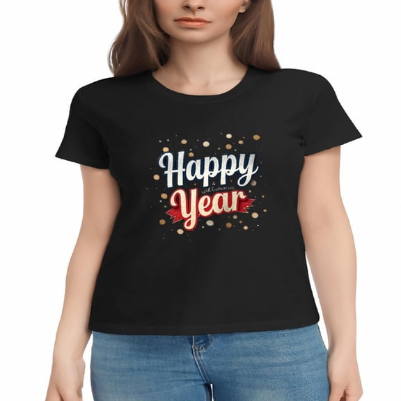 Women's Cotton Short Sleeve T-Shirt - Festive ' Happy New Year ' Design with Blue & White Cursive Red Script Gold Dots