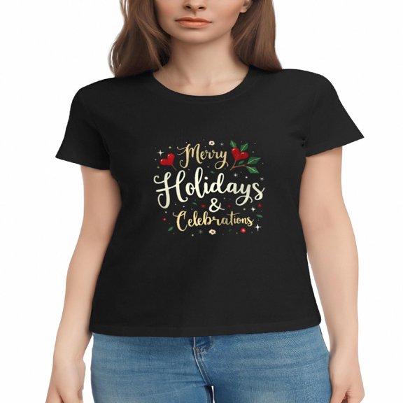 Women's Cotton Short Sleeve T-Shirt - Festive ' Merry Holidays & Celebrations ' Design with Stars Leaves & Hearts