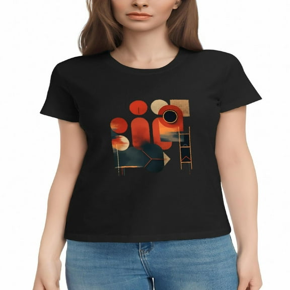 Women's Cotton Short Sleeve T-Shirt - Geometric Abstract Design in Red Orange & Dark Blue - Modern Artistic Tee Top