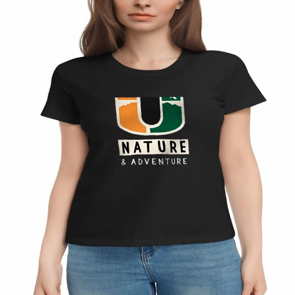 Women's Cotton Short Sleeve T-Shirt - Graphic Tee with Stylized ' U ' in Orange Green & White ' NATURE & ADVENTURE ' Banner