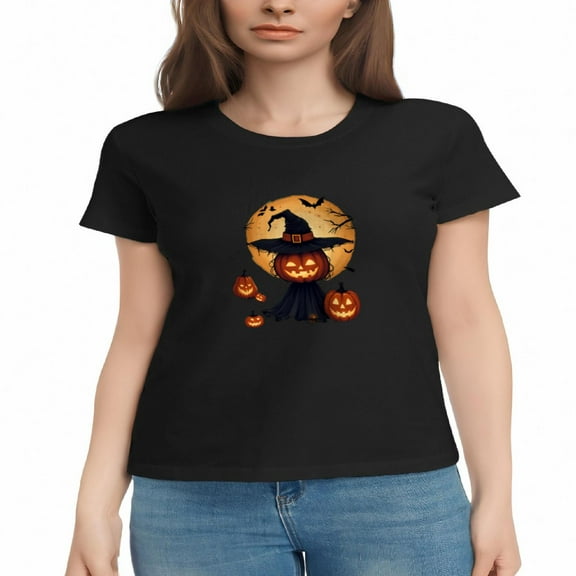 Women's Cotton Short Sleeve T-Shirt - Halloween Witch & Pumpkin Design Festive Orange Moon & Bats Graphic Tee Top