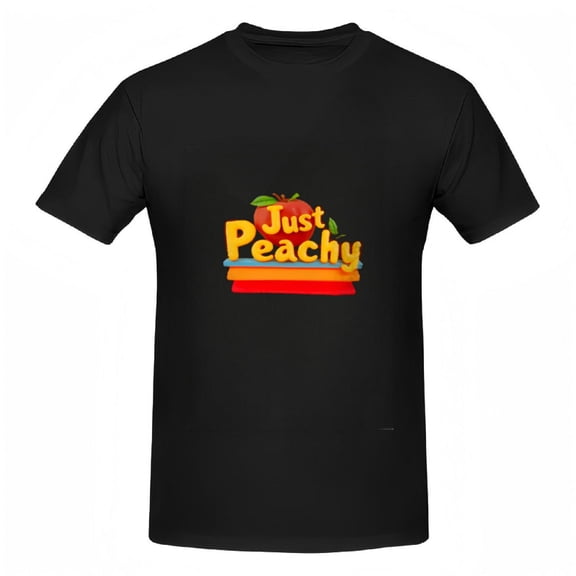 Women's Cotton Short Sleeve T-Shirt - ' Just Peachy ' Graphic Tee with Peach Design & Colorful Stripes in Red Yellow Blue