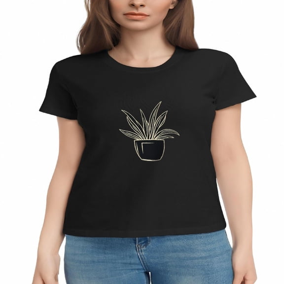 Women's Cotton Short Sleeve T-Shirt - Minimalist Potted Plant Design with Slender Leaves - Modern & Elegant Tee Top