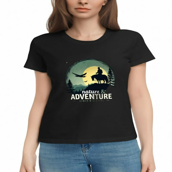 Women's Cotton Short Sleeve T-Shirt - Nature & Adventure Graphic Tee with Horse Silhouette Forest Mountains & Airplanes