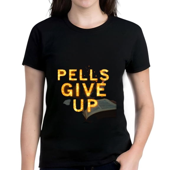 Women's Cotton Short Sleeve T-Shirt - " PELLS GIVE UP " Glow - in - the - Dark Design with Open Book Illustration