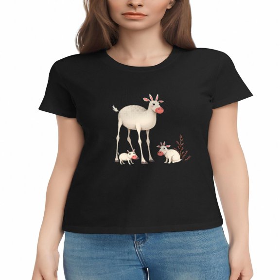Women's Cotton Short Sleeve T-Shirt - Playful Cartoon Goats with Red Noses & Orange Leaves - Whimsical Nature Tee Top
