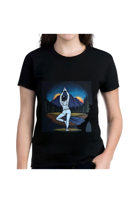 Women's Cotton Short Sleeve T-Shirt - Serene Yoga Design with Nature Scene Mountains & Starry Sky Perfect for Outdoor Enthusiasts