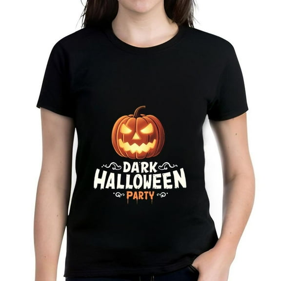 Women's Cotton Short Sleeve T-Shirt - Spooky Carved Pumpkin Design for Dark Halloween Party Eerie Glow & Dripping Text