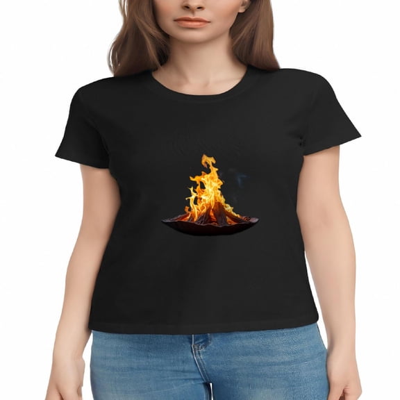 Women's Cotton Short Sleeve T-Shirt - Vibrant Fire Graphic with Bright Orange Flames and Blue Smoke Design Casual Tee Top