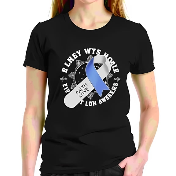 Women's Cotton Short Sleeve T-Shirt with Blue & White Awareness Ribbon Design - " BLINEY WYS HOMLE " Graphic Tee