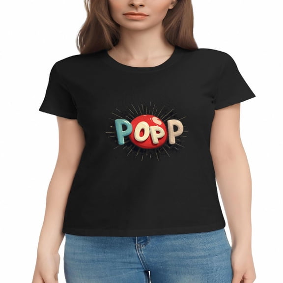 Women's Cotton Short Sleeve T-Shirt with Bold ' POP ' Graphic Design in Colorful Circular Pattern - Energetic and Eye - Catching Tee