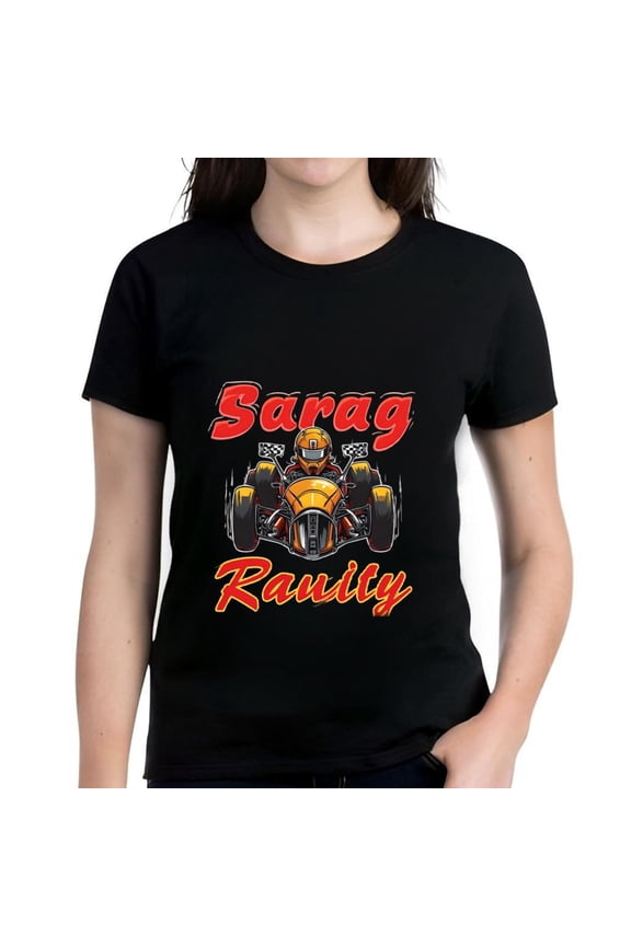 Women's Cotton Short Sleeve T-Shirt with Bold Racing Car Graphic ' Sarag ' & ' Rauity ' Text Sporty Design