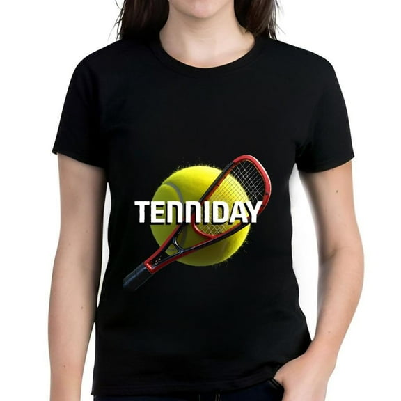 Women's Cotton Short Sleeve T-Shirt with Bold ' TENNIDAY ' Graphic Tennis Racket & Yellow Ball Design Stylish Sports Tee