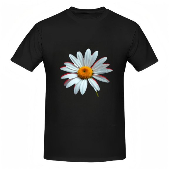 Women's Cotton Short Sleeve T-Shirt with Bold White Daisy Design Yellow Center & Red - Outlined Petals on Black Background