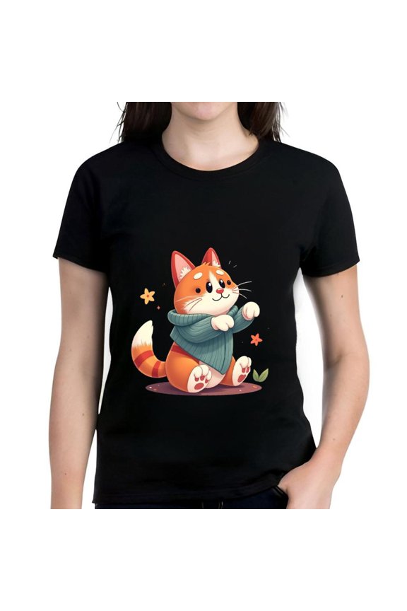 Women's Cotton Short Sleeve T-Shirt with Cartoon Cat Design Fluffy Tail & Floral Accents in Vibrant Colors