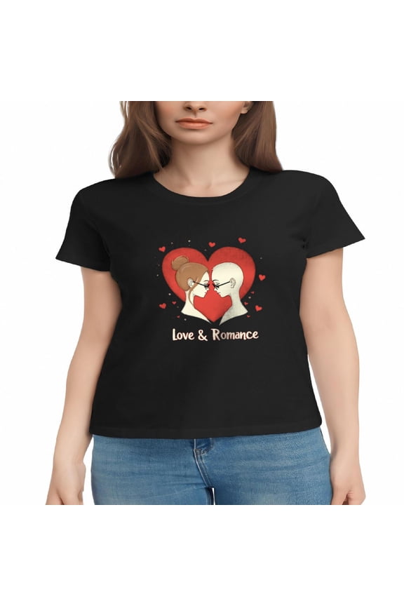 Women's Cotton Short Sleeve T-Shirt with Cartoon Kissing Figures Heart Design ' Love & Romance ' Print Cute & Romantic Tee