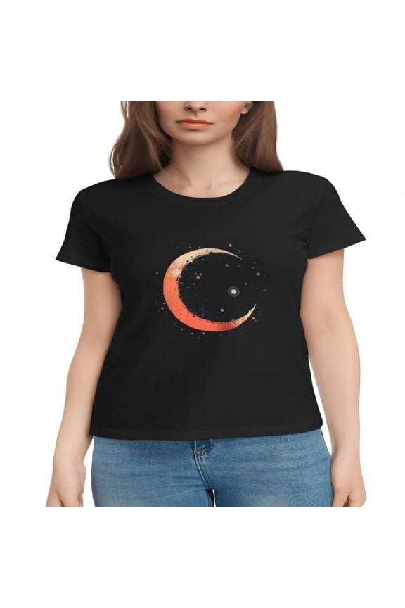 Women's Cotton Short Sleeve T-Shirt with Celestial Design - Orange & White Moon with Stars Stylish Tee Top