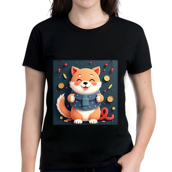 Women's Cotton Short Sleeve T-Shirt with Cheerful Cartoon Dog Design Blue Polka Dot Scarf Colorful & Red