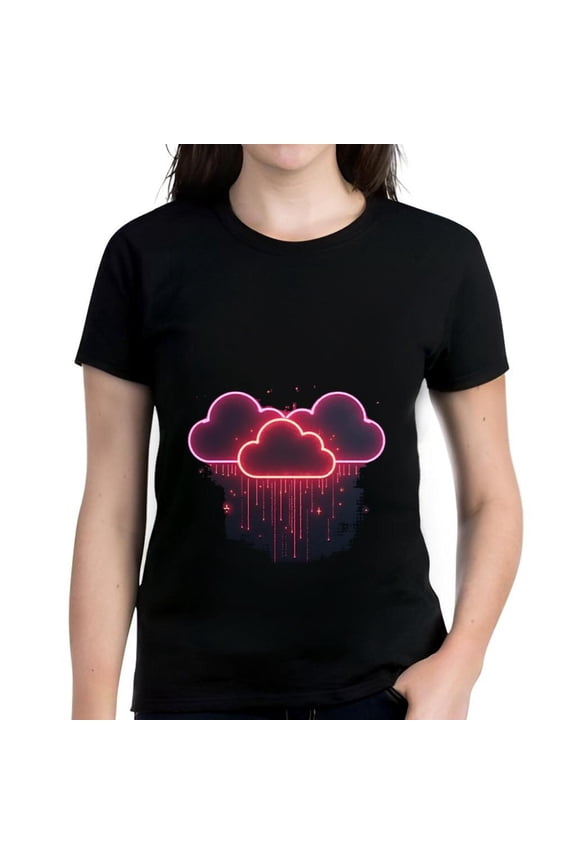 Women's Cotton Short Sleeve T-Shirt with Cloud Design Pink and Red Gradient Modern Aesthetic Rain Pattern