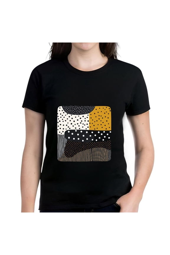 Women's Cotton Short Sleeve T-Shirt with Colorful Abstract Design - Modern Polka Dots Stripes & Curved Lines in Black White Yellow & Orange